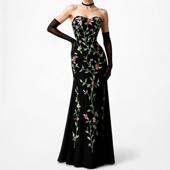 Vintage Black Silk Strapless Sweetheart Floral Beaded Fit Flared Prom Dress S